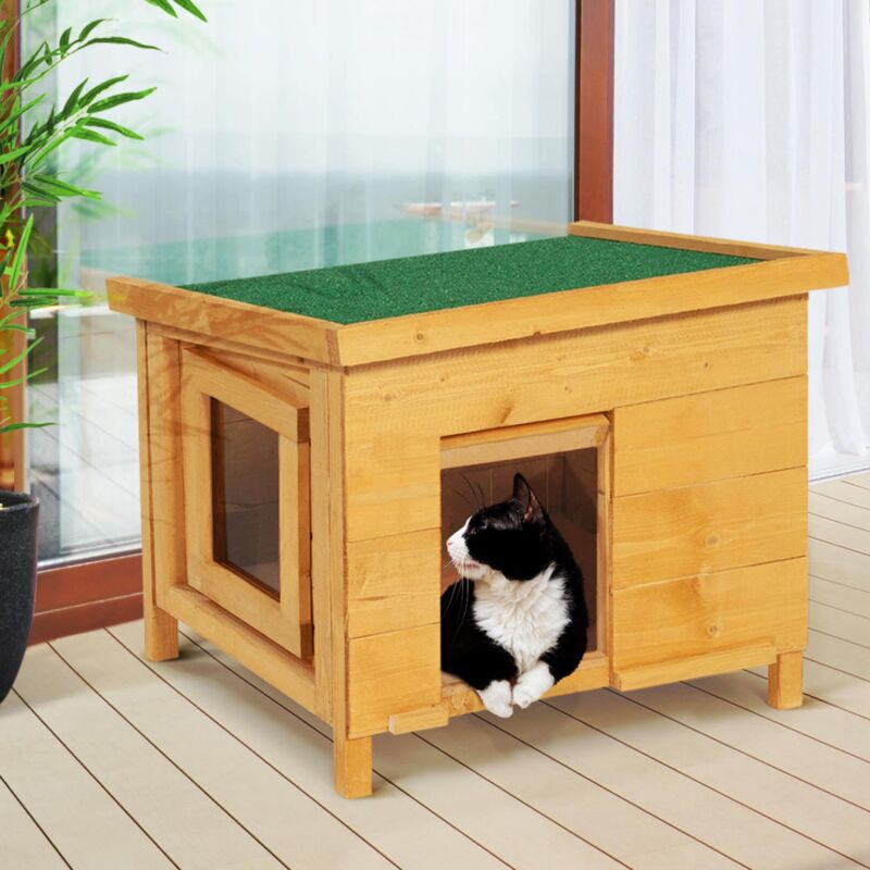 foto del prodotto casetta per gatti in legno con porta a doghe