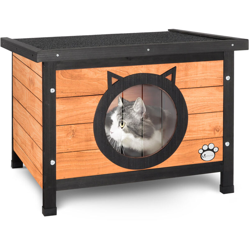foto del prodotto casetta per gatti in legno con porta design orecchie di gatto, cuccia casa per gatti vounot