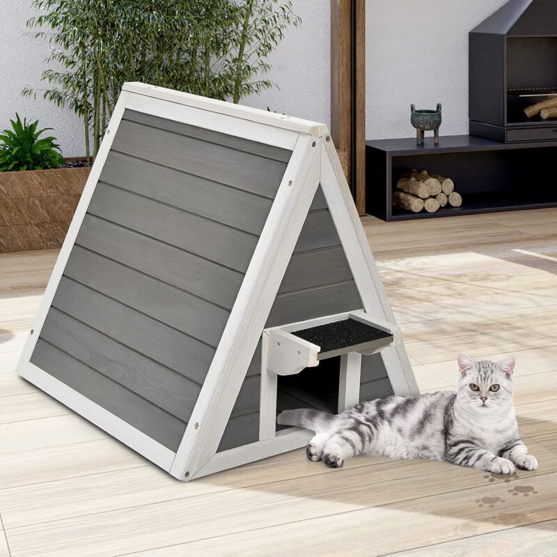 foto del prodotto casetta per gatto, legno,triangolare, con superficie verniciata, gronda impermeabile, per interno ed esterno, portata di 20 kg, 50x55x52 cm goplus