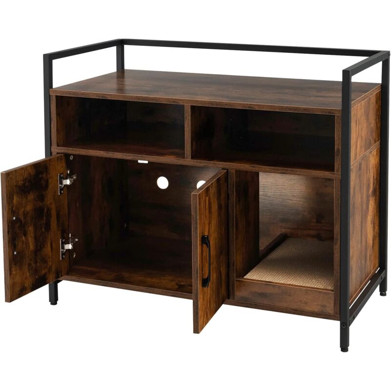 foto del prodotto casetta per gatto, mobile lettiera per gatti, con robusto telaio in metallo, tiragraffi, scaffali di stoccaggio in legno, stile industriale, 89 x 45