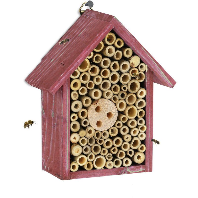 foto del prodotto casetta per insetti, hotel in legno e bamb , per api e vespe, hlp 20x17x8,5 cm, per giardino e balcone, rosso relaxdays