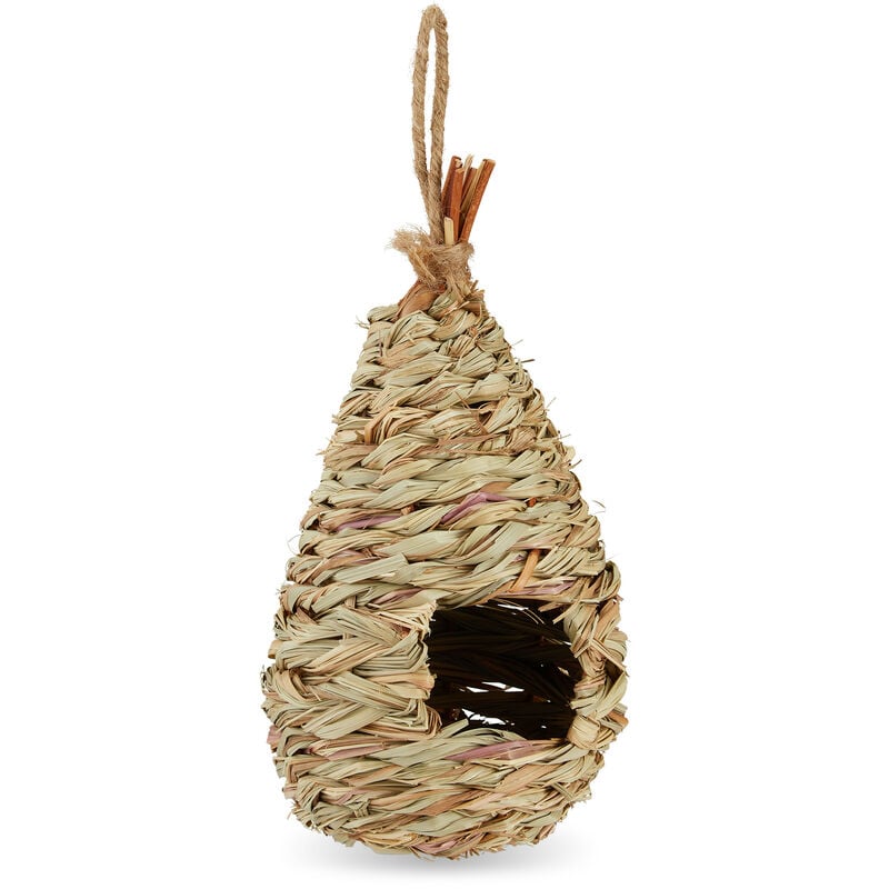 foto del prodotto casetta per uccelli, da appendere, giardino, balcone, paglia, intrecciato, nido artificiale 29x12 cm, naturale relaxdays
