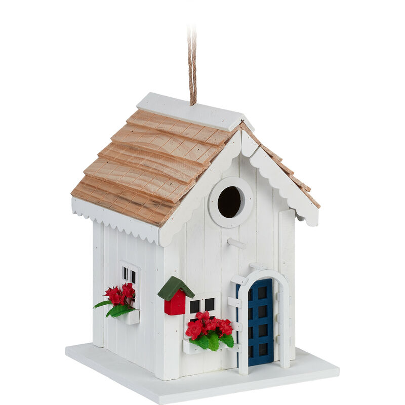 foto del prodotto casetta per uccelli, decorazione da appendere in giardino, casa in legno, hxlxp 23,5 x 18 x 18 cm, bianco relaxdays