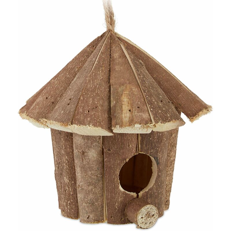 foto del prodotto casetta per uccelli, decorazione da appendere, legno non trattato,balcone giardino, 16x16x16 cm, naturale relaxdays