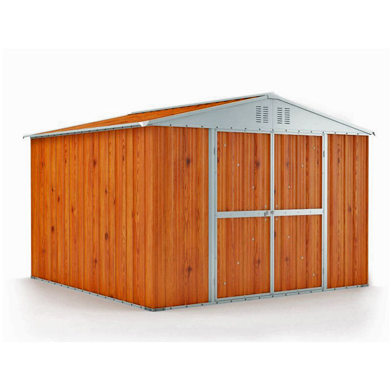 foto del prodotto casetta porta attrezzi da giardino capanno in lamiera 327x269cm x h 215cm 132 kg 8,80mq colore effetto legno
