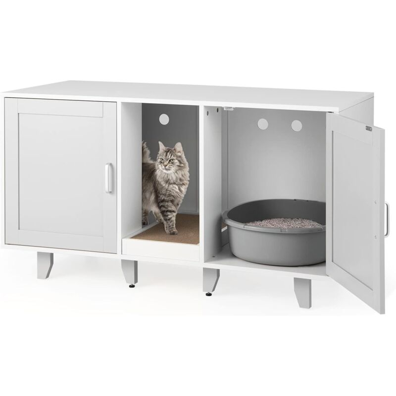 foto del prodotto casette per gatti, contenitore per lettiera 3 in 1, mobili per scatole e tira graffi rimovibile da interno bianco e grigio goplus