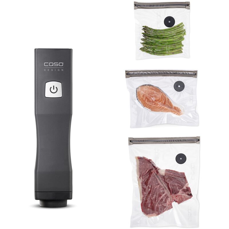 foto del prodotto caso vacu onetouch aspirapolvere manuale con accessori, 10 sacchetti con zip, 2 chiusure lampo, adesivo food manager, fino a 150 minuti di