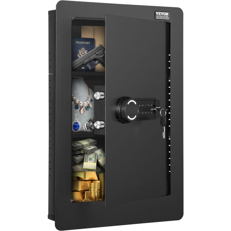 foto del prodotto cassaforte da muro 650x420x100 mm cassaforte con 3 livelli 3 ripiani rimovibili luce led allarme a vibrazione, tastiera impronta digitale per