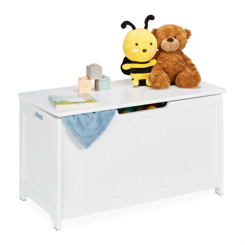 foto del prodotto cassapanca bambini, baule portagiochi da cameretta, contenitore con coperchio, mdf, hlp 45x80x40 cm, bianco relaxdays
