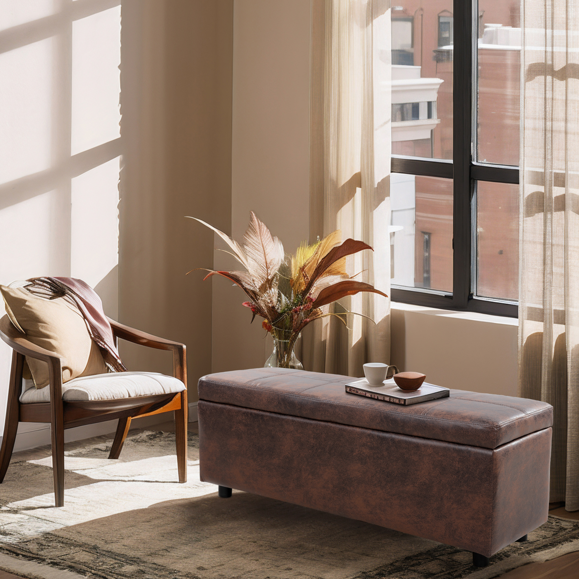 foto del prodotto cassapanca bukit con seduta imbottita ottomana contenitore 118x37x43 cm similpelle marrone en.casa 