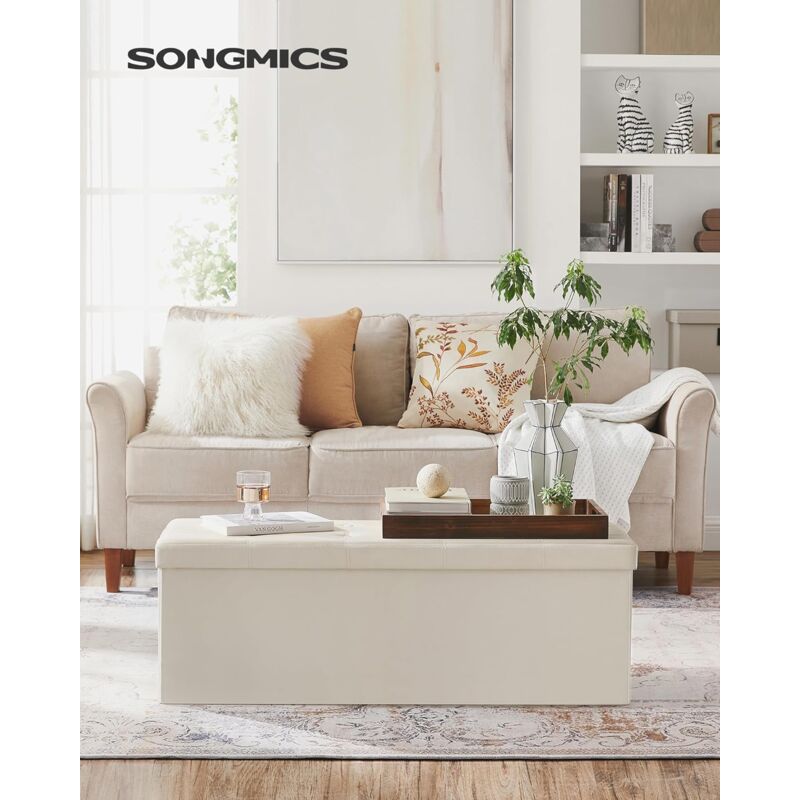 foto del prodotto cassapanca contenitore 120l, pouf contenitore, panca poggiapiedi pieghevole, capacit di carico di 300 kg, seduta imbottita, beige songmics