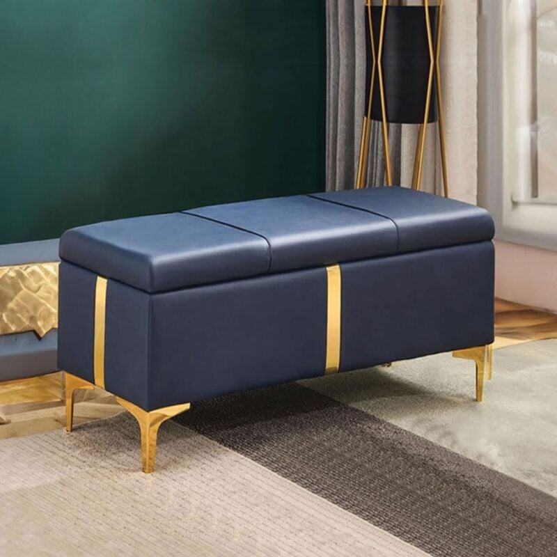 foto del prodotto cassapanca contenitore blu in ecopelle con piedini in metallo oro panca pouf