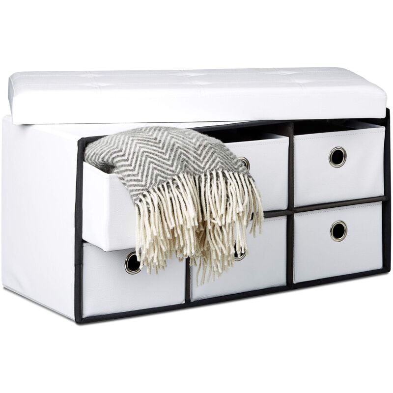 foto del prodotto cassapanca contenitore, con 6 pouf in similpelle, hxlxp 36 x 76 x 38 cm, panca con coperchio, bianco relaxdays