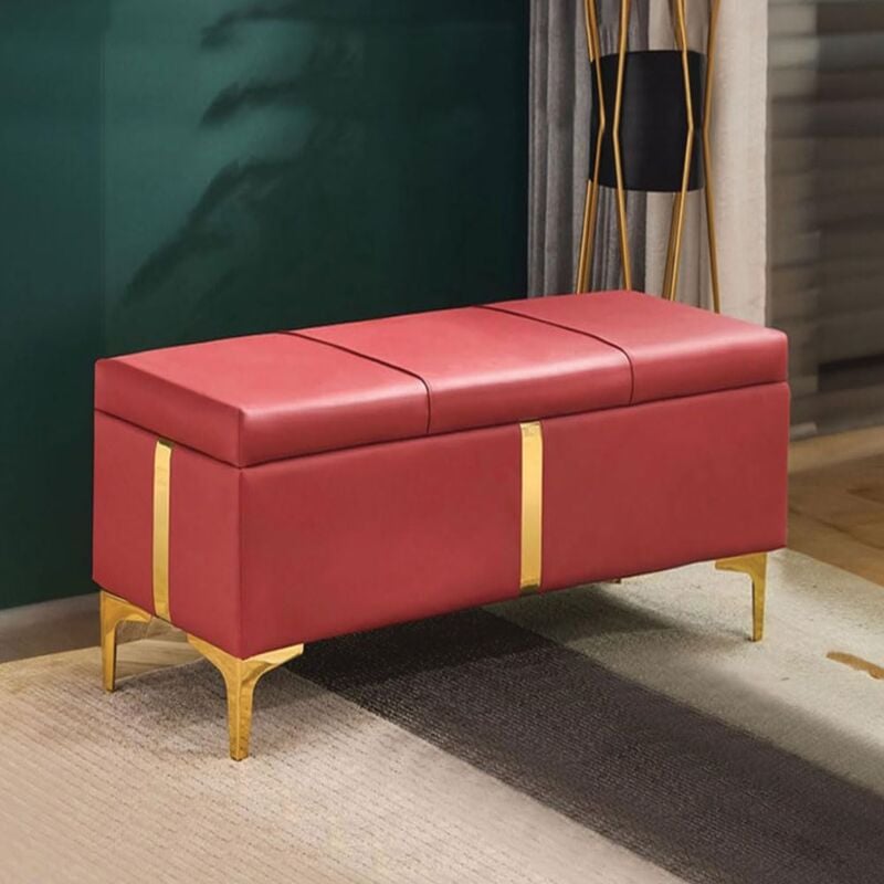 foto del prodotto cassapanca contenitore rosso in ecopelle con piedini in metallo oro panca pouf