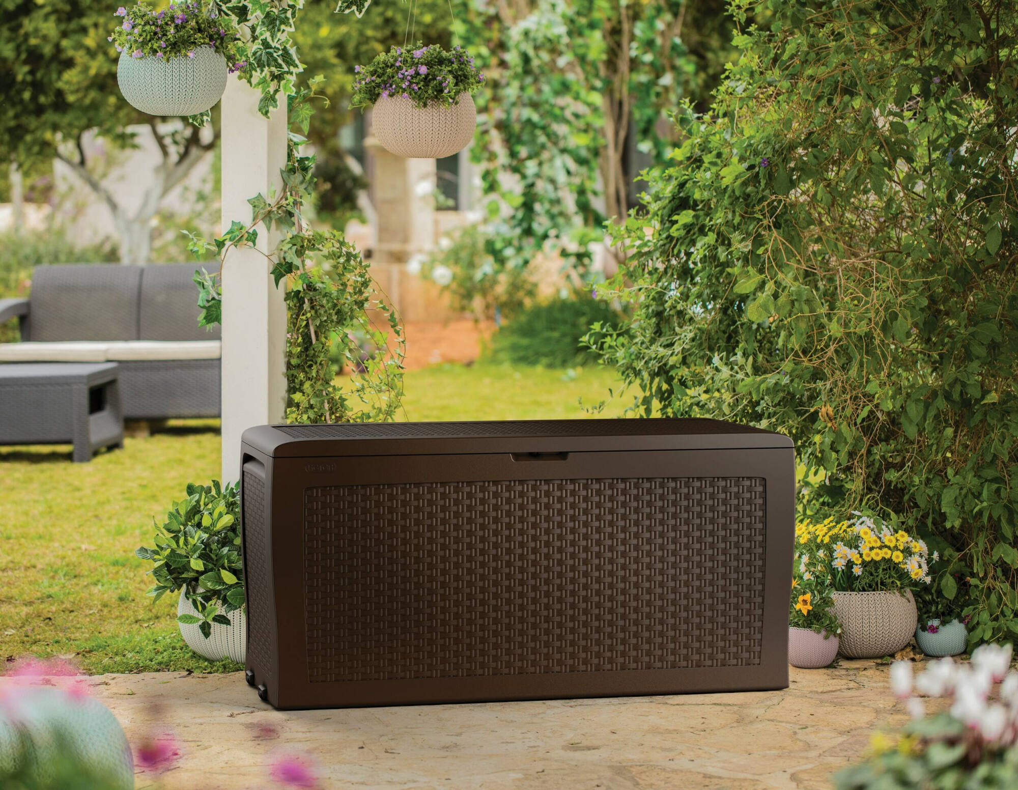 foto del prodotto cassapanca outdoor kingston, baule da giardino, contenitore da esterno, panchina contenitore da esterno, 116x45 h57 cm, marrone