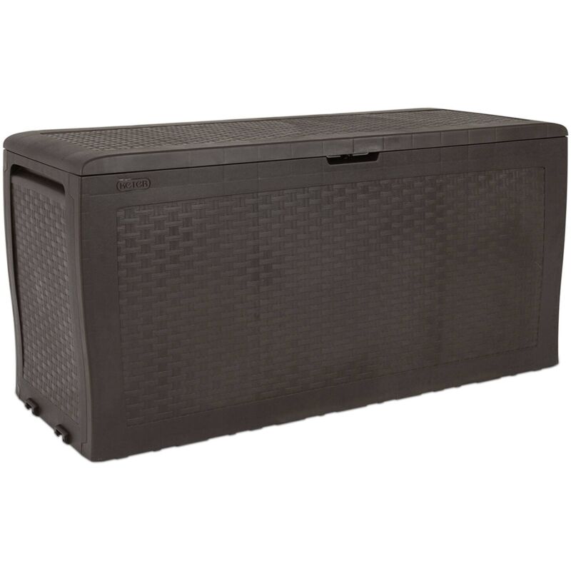 foto del prodotto cassapanca outdoor torio, baule da giardino, contenitore da esterno, panchina contenitore da esterno, 116x45 h57 cm, marrone dmora