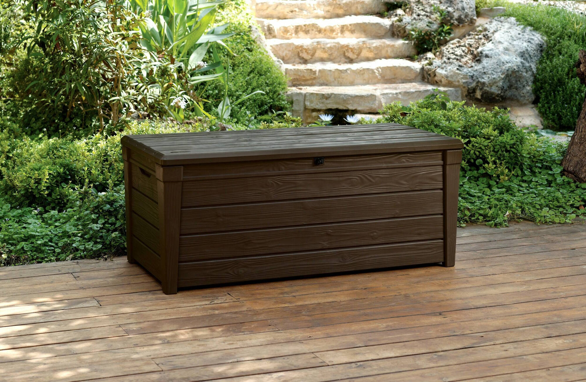 foto del prodotto cassapanca outdoor wawa, baule da giardino, contenitore da esterno, panchina contenitore da esterno, 145x70 h60 cm, marrone
