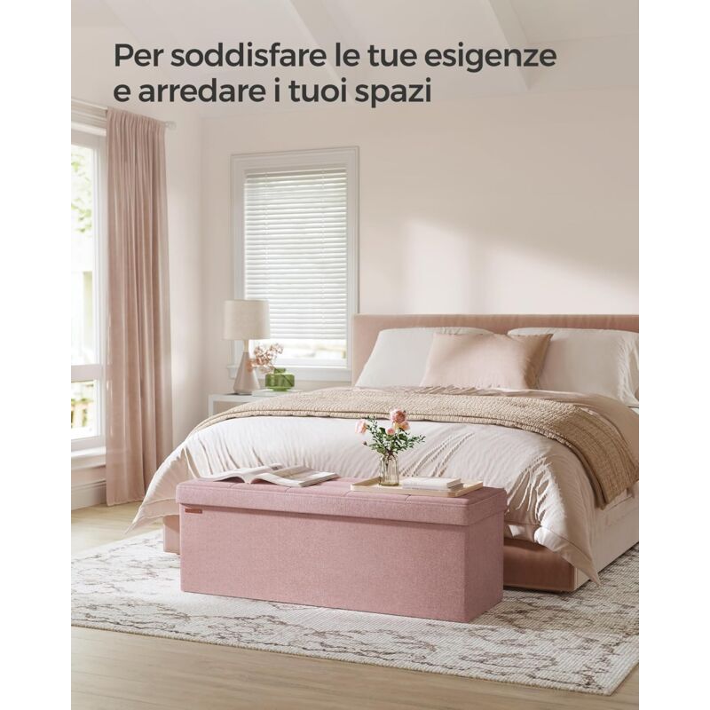 foto del prodotto cassapanca, pouf contenitore, poggiapiedi pieghevole da 38 x 110 x 38 cm, ottomano, regge fino a 300 kg, camera da letto, entrata, rosa pastello