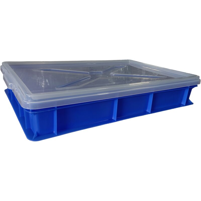 foto del prodotto cassetta blu porta impasti con coperchio trasparente pizza focaccia pane 60x40x10 sovrapponibile hdpe idonea al contatto alimentare per