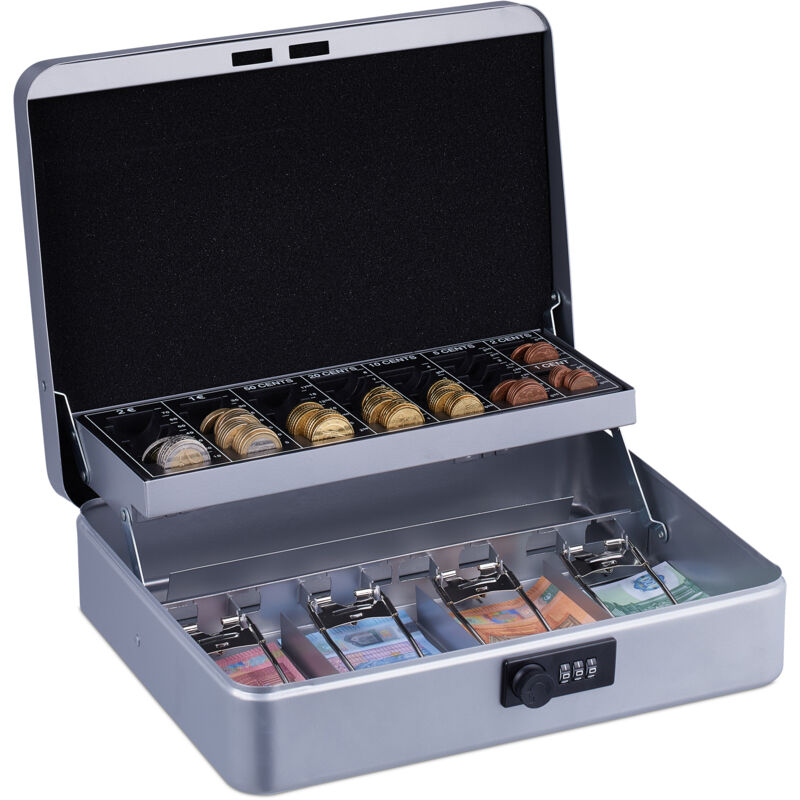 foto del prodotto cassetta con combinazione numerica a 3 cifre, per banconote, scomparto per monete, 8,5x30,5x25 cm, argento relaxdays