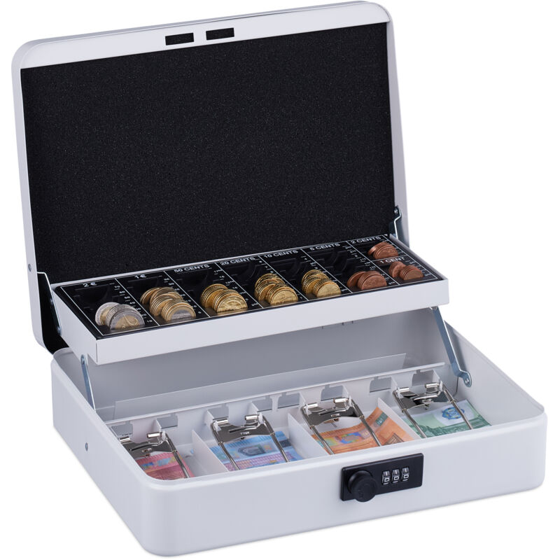 foto del prodotto cassetta con combinazione numerica a 3 cifre, per banconote, scomparto per monete, 8,5x30,5x25 cm, bianco - relaxdays