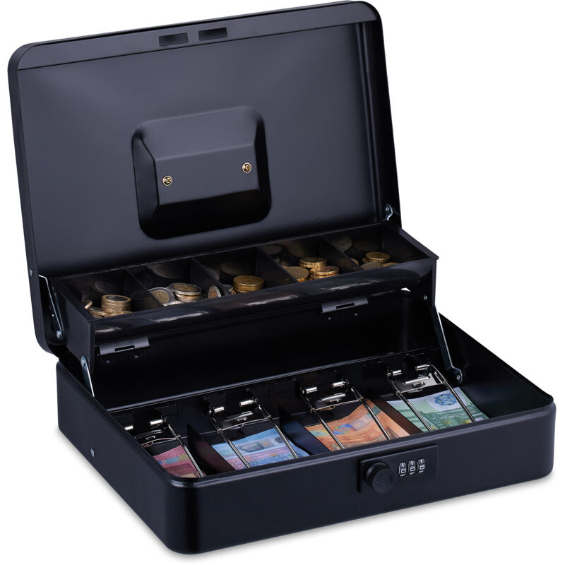 foto del prodotto cassetta con combinazione numerica a 3 cifre, porta soldi con inserto per monete e 4 scomparti, in ferro, nero - relaxdays