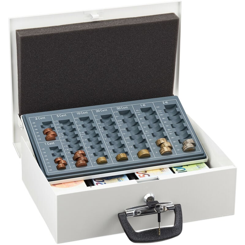 foto del prodotto cassetta con serratura, portasoldi con chiave, per banconote e conta monete, in ferro, 11,5x36x28,5 cm, bianco - relaxdays