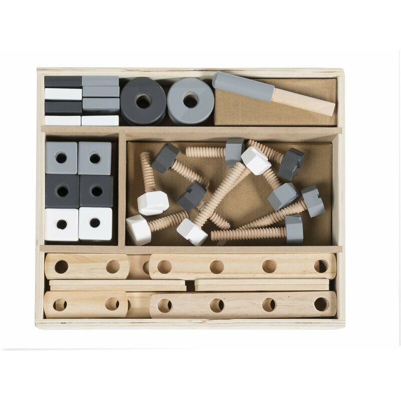foto del prodotto cassetta degli attrezzi per bambini set da 48 pezzi bulloni, viti, cacciavite, martello, dadi gioco olistico da 3 anni legno naturale 