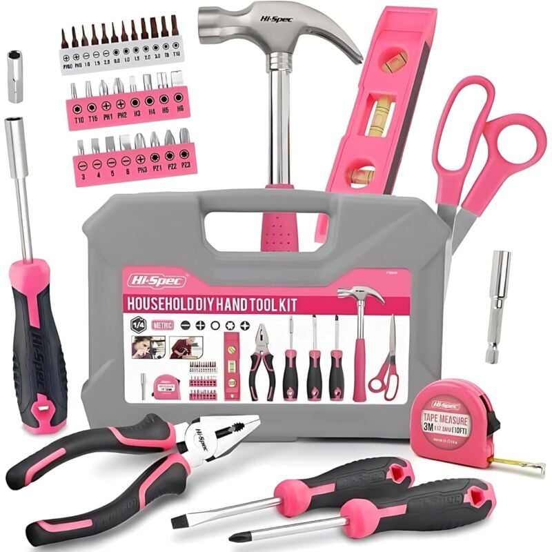 foto del prodotto cassetta degli attrezzi rosa da 42 pezzi kit di attrezzi essenziali con custodia portatile martello, pinze, cacciavite e accessori ideale per