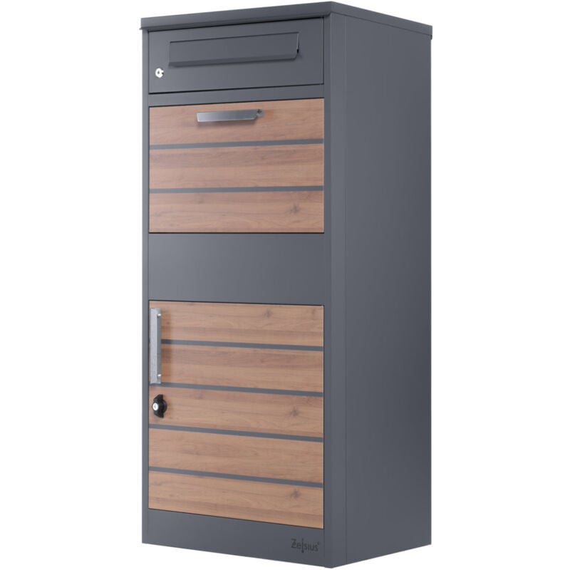 foto del prodotto cassetta dei pacchi zelsius ral7016 antracite con elementi in legno marrone scuro con serratura antifurto