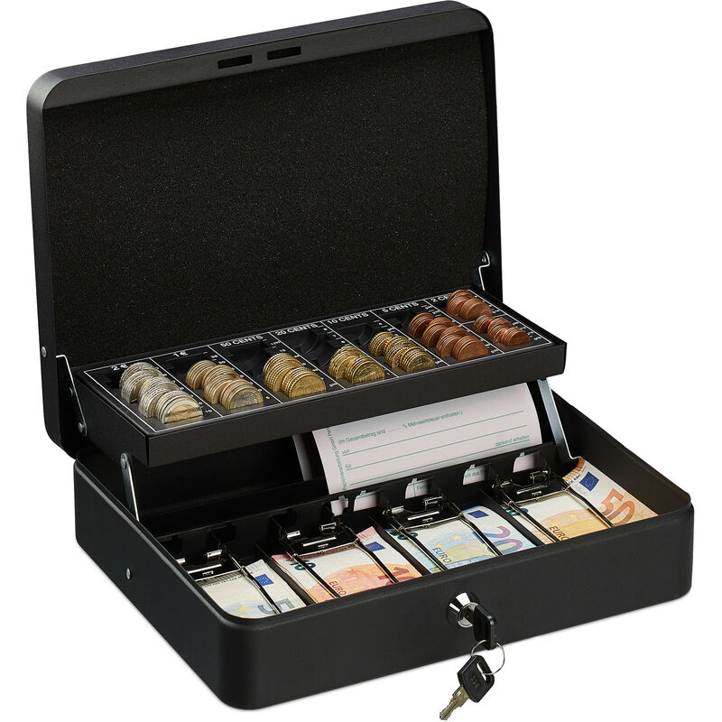 foto del prodotto cassetta di sicurezza per soldi, con scomparto per monete e 4 vani per banconote, 8,5x30,5x24,5 cm, nero relaxdays