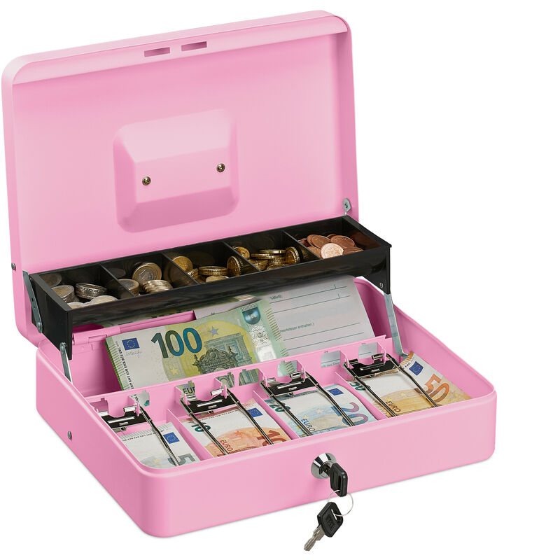 foto del prodotto cassetta di sicurezza per soldi, con scomparto per monete e 4 vani per banconote, 8,5x30,5x24,5 cm, rosa relaxdays