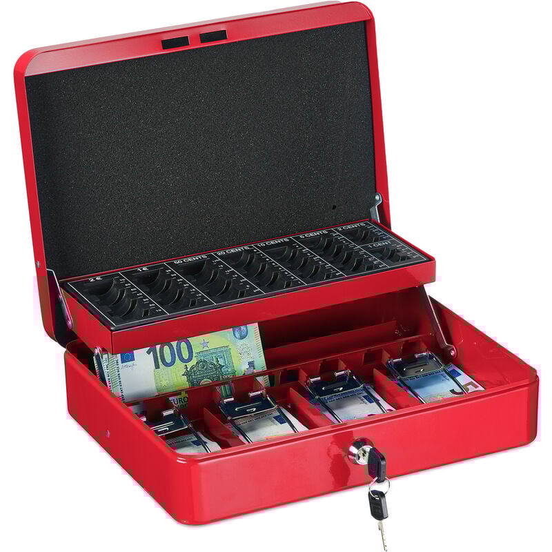 foto del prodotto cassetta di sicurezza per soldi, con scomparto per monete e 4 vani per banconote, 8,5x30,5x24,5 cm, rosso relaxdays