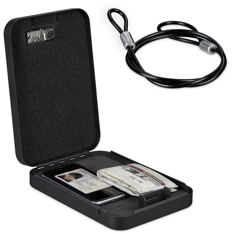 foto del prodotto cassetta di sicurezza portatile, combinazione numeri e cavo, mini cassaforte, acciaio, hlp 5,5x17x25 cm, nero relaxdays