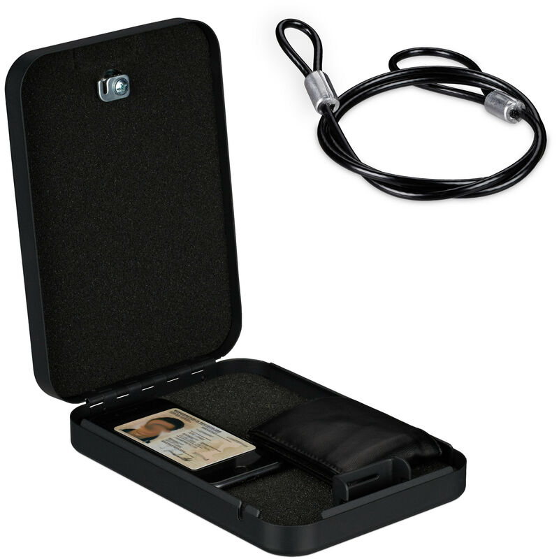 foto del prodotto cassetta di sicurezza portatile, con 2 chiavi e cavo, mini cassaforte da auto, acciaio, hlp 5x17x25 cm, nero relaxdays