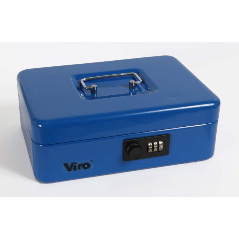 foto del prodotto cassetta di sicurezza, portavalori a combinazione variabile, vaschetta portamonete, colore blu, 250x180x88 mm viro