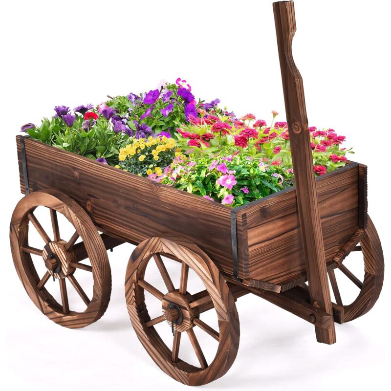foto del prodotto cassetta in legno di abete, lettino rialzato per piante con drenaggio, fioriera mobile con 4 ruote e maniglia regolabile, cassetta decorativa a