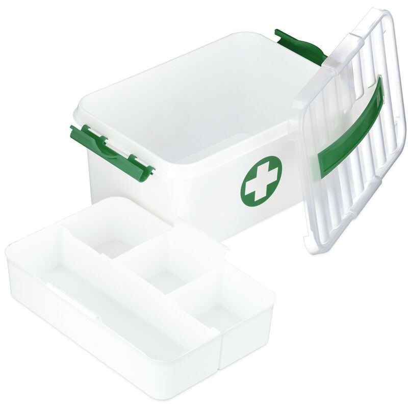 foto del prodotto cassetta kit pronto soccorso, 5 scomparti, box per medicinali, plastica, hlp 14,5 x 30 x 20 cm, bianco verde relaxdays