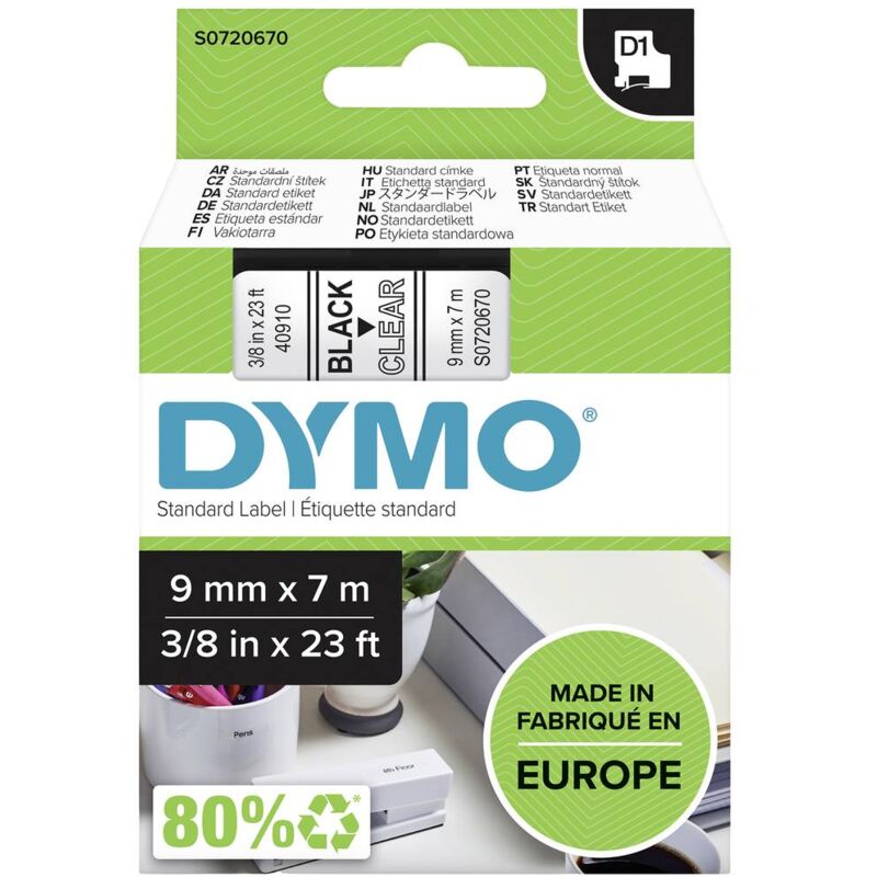 foto del prodotto cassetta nastro dymo d1 40910 colore nastro trasparente colore carattere nero 9 mm 7 m
