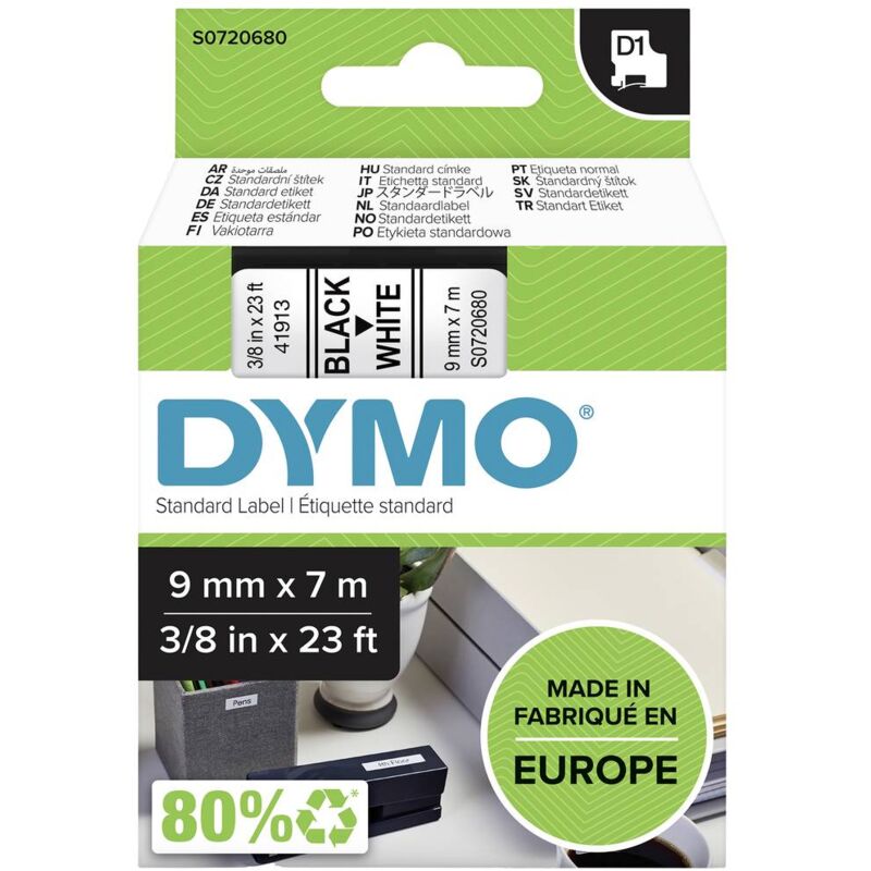 foto del prodotto cassetta nastro dymo d1 40913 colore nastro bianco colore carattere nero 9 mm 7 m