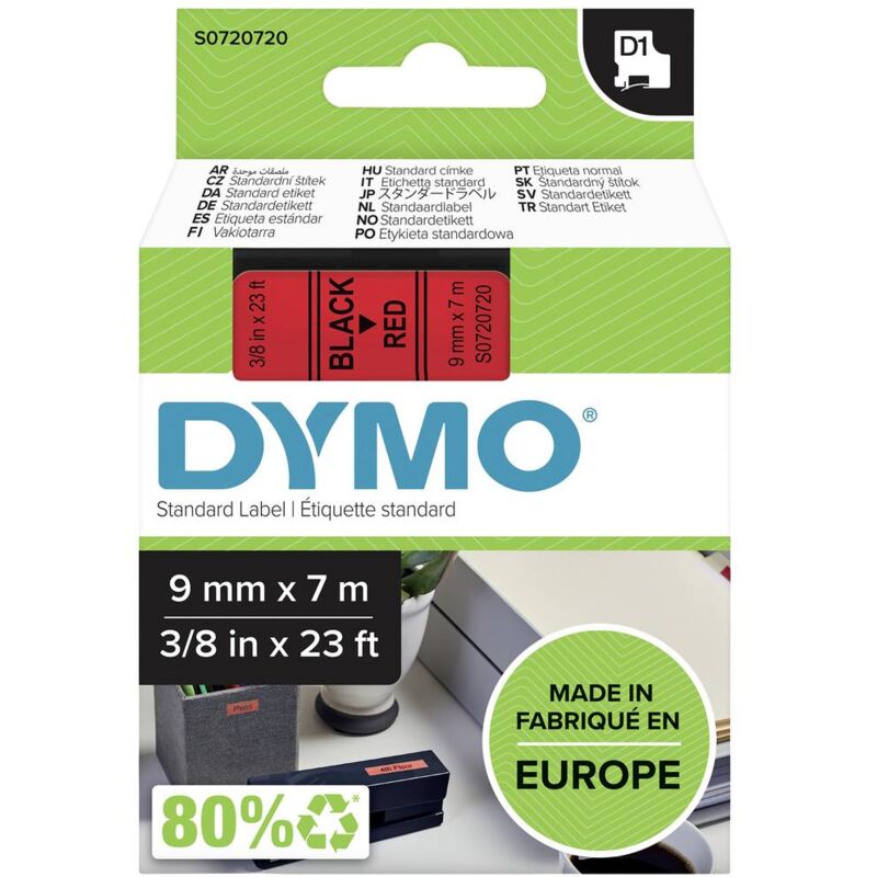 foto del prodotto cassetta nastro dymo d1 40917 colore nastro rosso colore carattere nero 9 mm 7 m