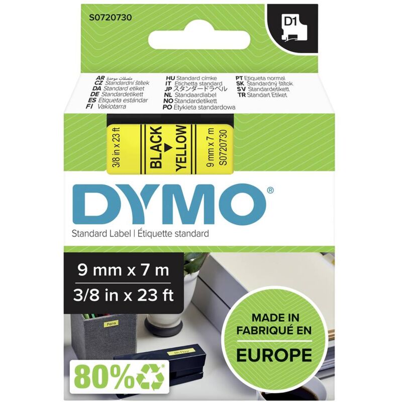 foto del prodotto cassetta nastro dymo d1 40918 colore nastro giallo colore carattere nero 9 mm 7 m
