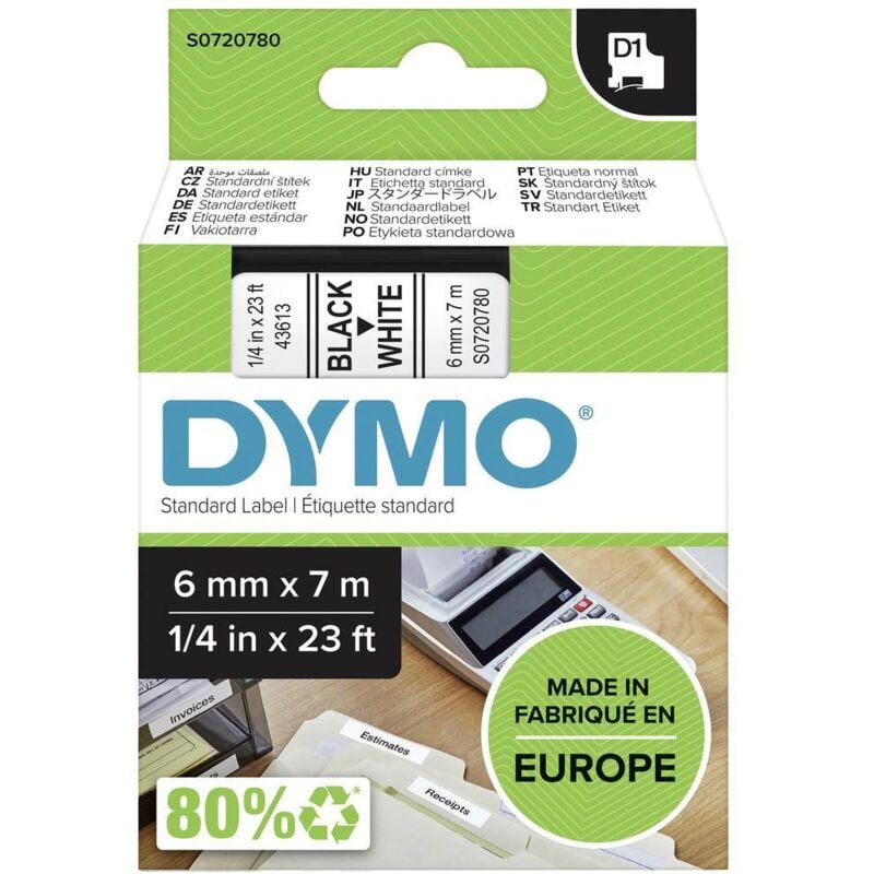 foto del prodotto cassetta nastro dymo d1 43613 colore nastro bianco colore carattere nero 6 mm 7 m