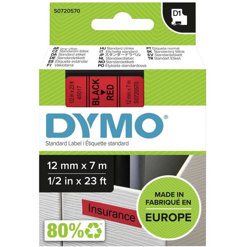 foto del prodotto cassetta nastro dymo d1 45017 colore nastro rosso colore carattere nero 12 mm 7 m