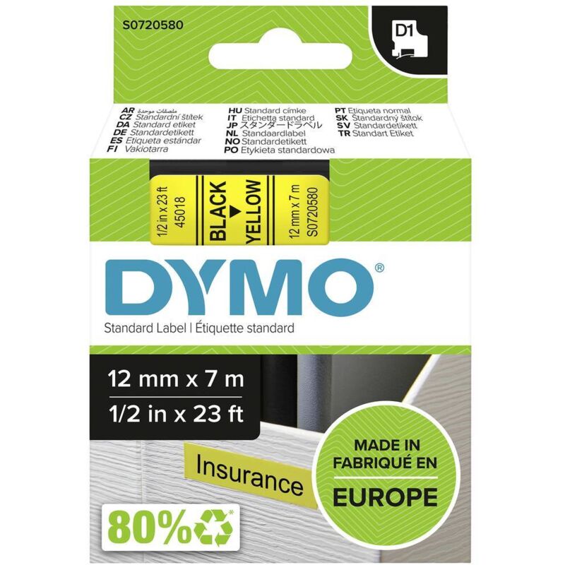 foto del prodotto cassetta nastro dymo d1 45018 colore nastro giallo colore carattere nero 12 mm 7 m