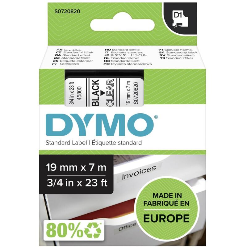 foto del prodotto cassetta nastro dymo d1 45800 colore nastro trasparente colore carattere nero 19 mm 7 m