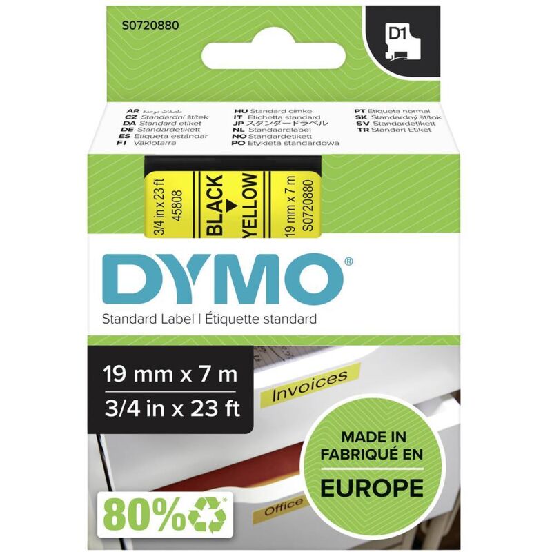 foto del prodotto cassetta nastro dymo d1 45808 colore nastro giallo colore carattere nero 19 mm 7 m