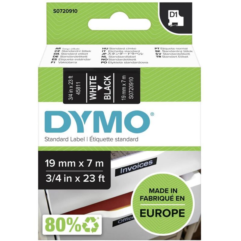 foto del prodotto cassetta nastro dymo d1 45811 colore nastro nero colore carattere bianco 19 mm 7 m