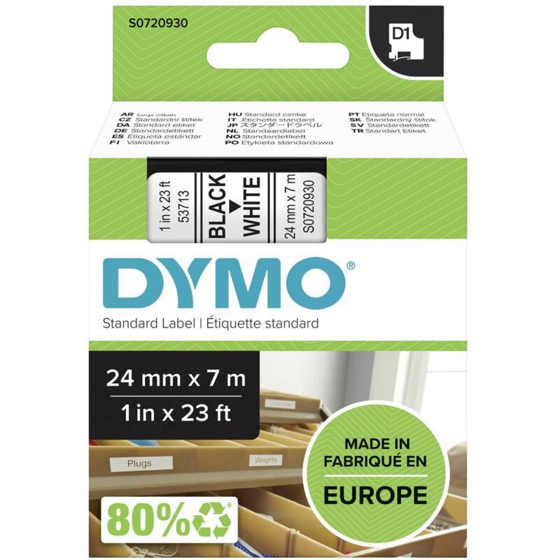 foto del prodotto cassetta nastro dymo d1 53713 colore nastro bianco colore carattere nero 24 mm 7 m