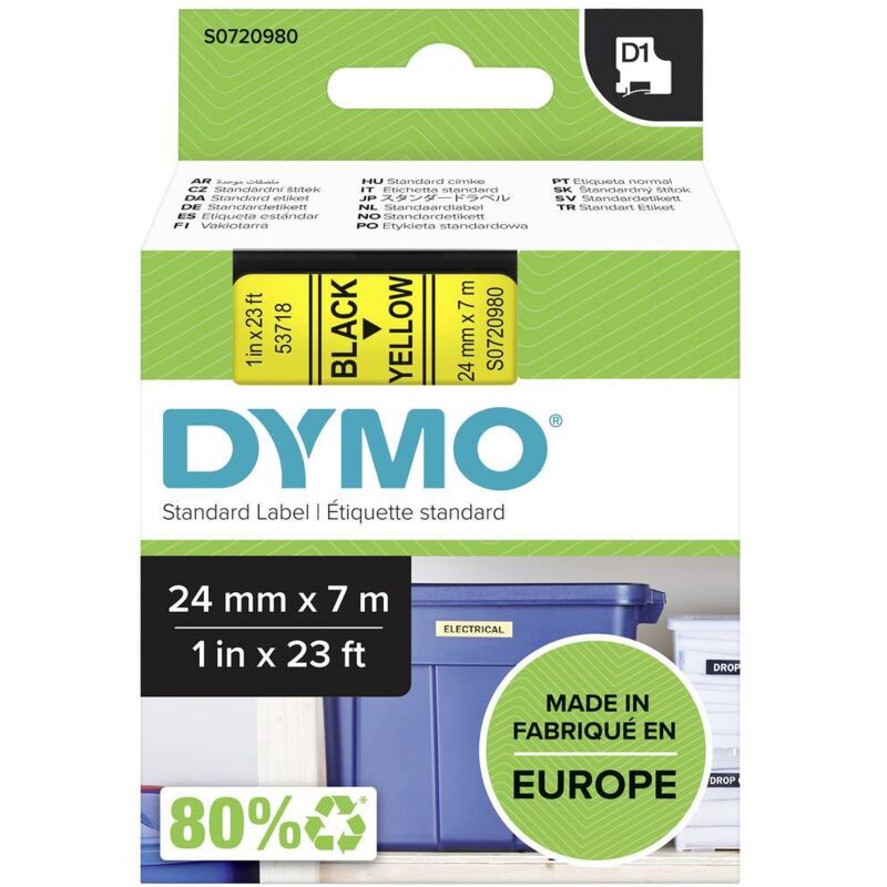 foto del prodotto cassetta nastro dymo d1 53718 colore nastro giallo colore carattere nero 24 mm 7 m